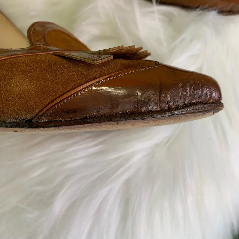 DOMENICO VACCA Italian Made Suede and Leather Burnt Caramel Kiltie Pumps, 38
